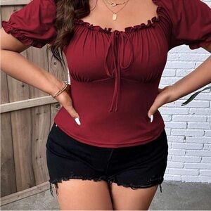 SHEIN Wine Red Square-Neck Puff Sleeve Tie Top